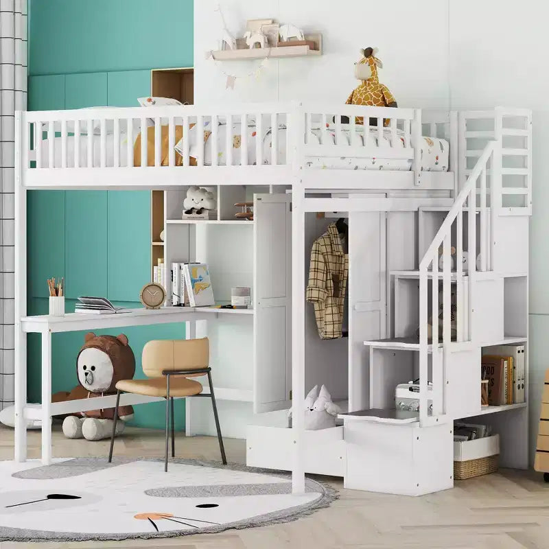 94.4" Full Size Wood Loft Bed with Bookshelf, Drawers, Desk and Wardrobe