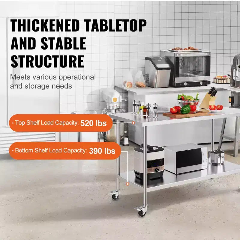Stainless Steel Work Table 30 x 60 x 38 Inch, with 4 Wheels, 3 Adjustable Height Levels, Heavy Duty Food Prep Worktable
