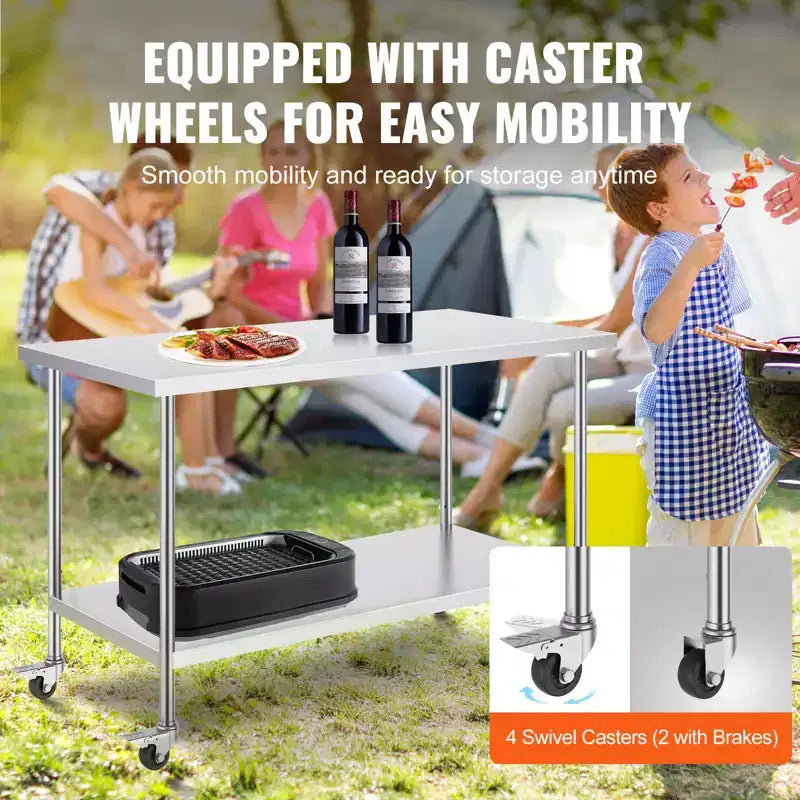 Stainless Steel Work Table 30 x 60 x 38 Inch, with 4 Wheels, 3 Adjustable Height Levels, Heavy Duty Food Prep Worktable