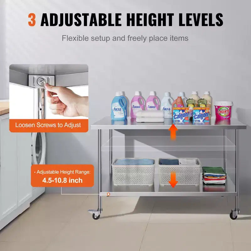 Stainless Steel Work Table 30 x 60 x 38 Inch, with 4 Wheels, 3 Adjustable Height Levels, Heavy Duty Food Prep Worktable