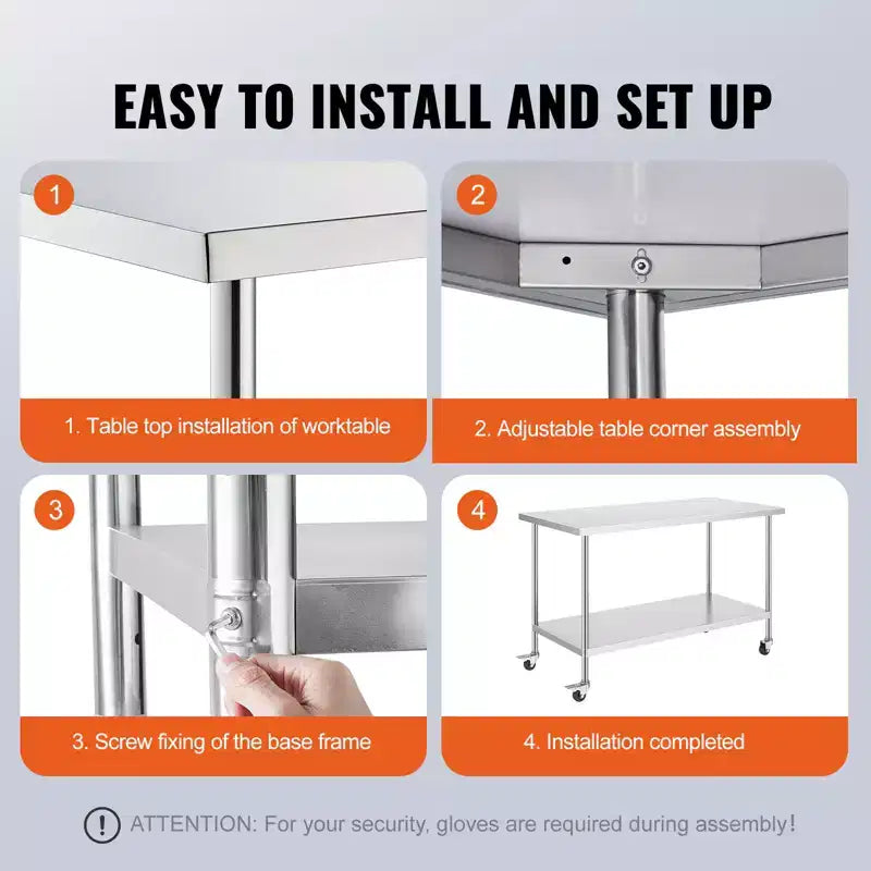 Stainless Steel Work Table 30 x 60 x 38 Inch, with 4 Wheels, 3 Adjustable Height Levels, Heavy Duty Food Prep Worktable