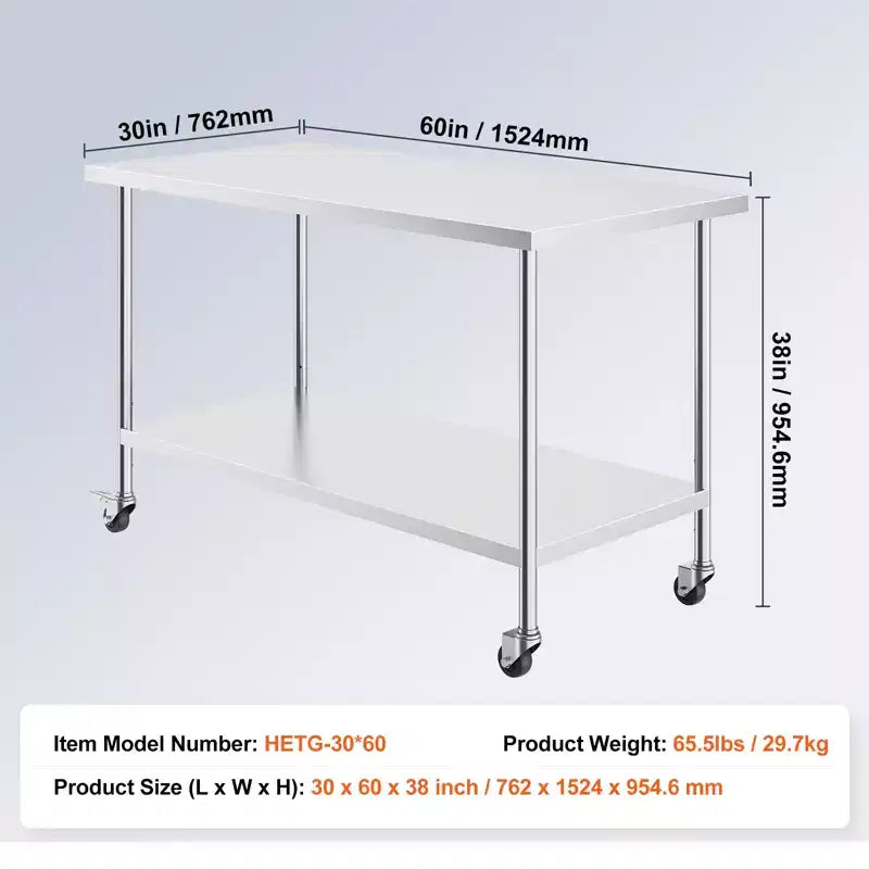 Stainless Steel Work Table 30 x 60 x 38 Inch, with 4 Wheels, 3 Adjustable Height Levels, Heavy Duty Food Prep Worktable