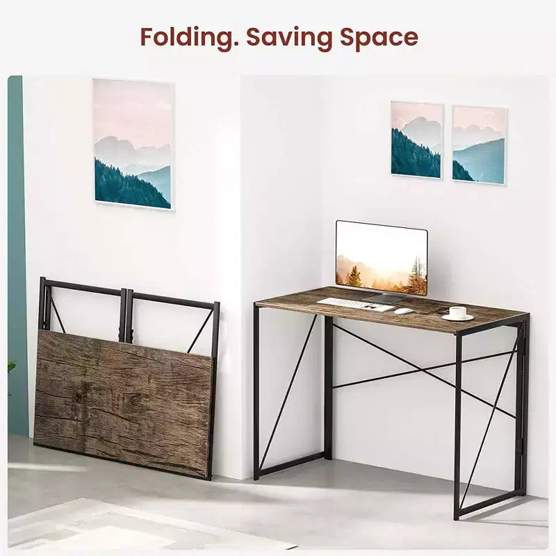 Modern Small Computer Folding Desk For Home Office, Brown, 39in