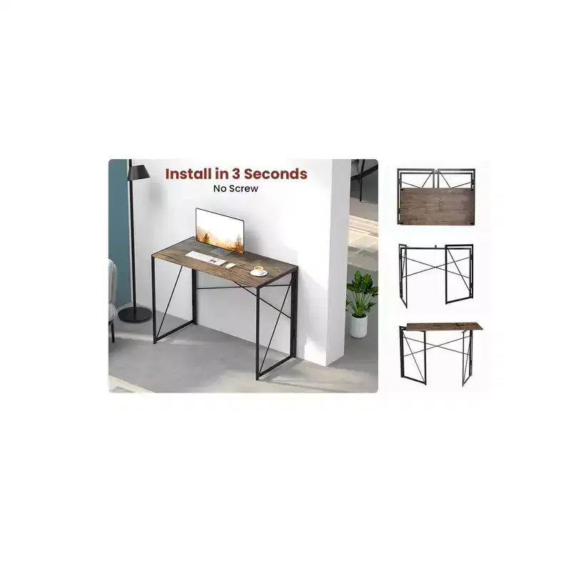 Modern Small Computer Folding Desk For Home Office, Brown, 39in