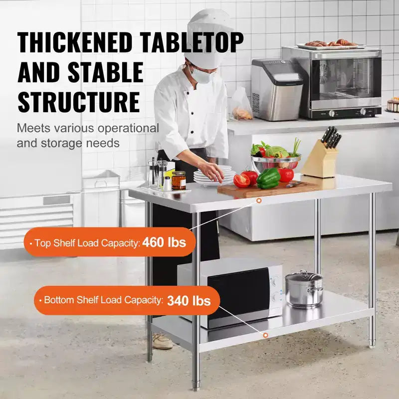 Stainless Steel Prep Table, 24 x 48 x 34 Inch, 800 lbs Load Capacity, Heavy Duty Metal Worktable with 3 Adjustable Height Levels