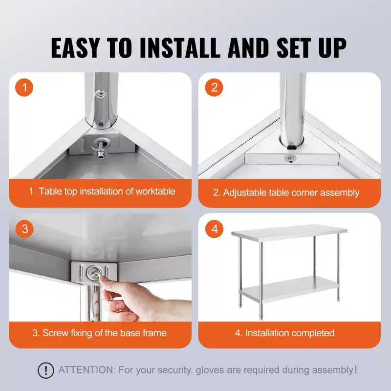 Stainless Steel Prep Table, 24 x 48 x 34 Inch, 800 lbs Load Capacity, Heavy Duty Metal Worktable with 3 Adjustable Height Levels