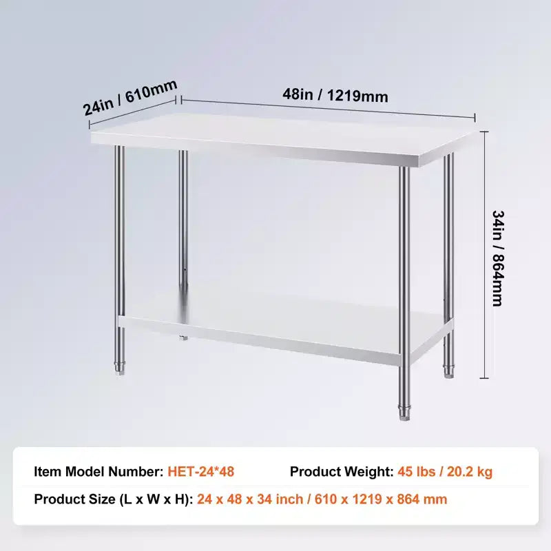 Stainless Steel Prep Table, 24 x 48 x 34 Inch, 800 lbs Load Capacity, Heavy Duty Metal Worktable with 3 Adjustable Height Levels