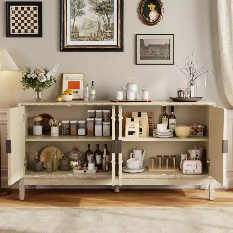 63 Buffet Cabinet with Storage, Distressed Storage Cabinet with 4 Carved Doors and Adjustable Shelf, Yellow