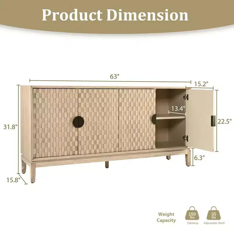 63 Buffet Cabinet with Storage, Distressed Storage Cabinet with 4 Carved Doors and Adjustable Shelf, Yellow