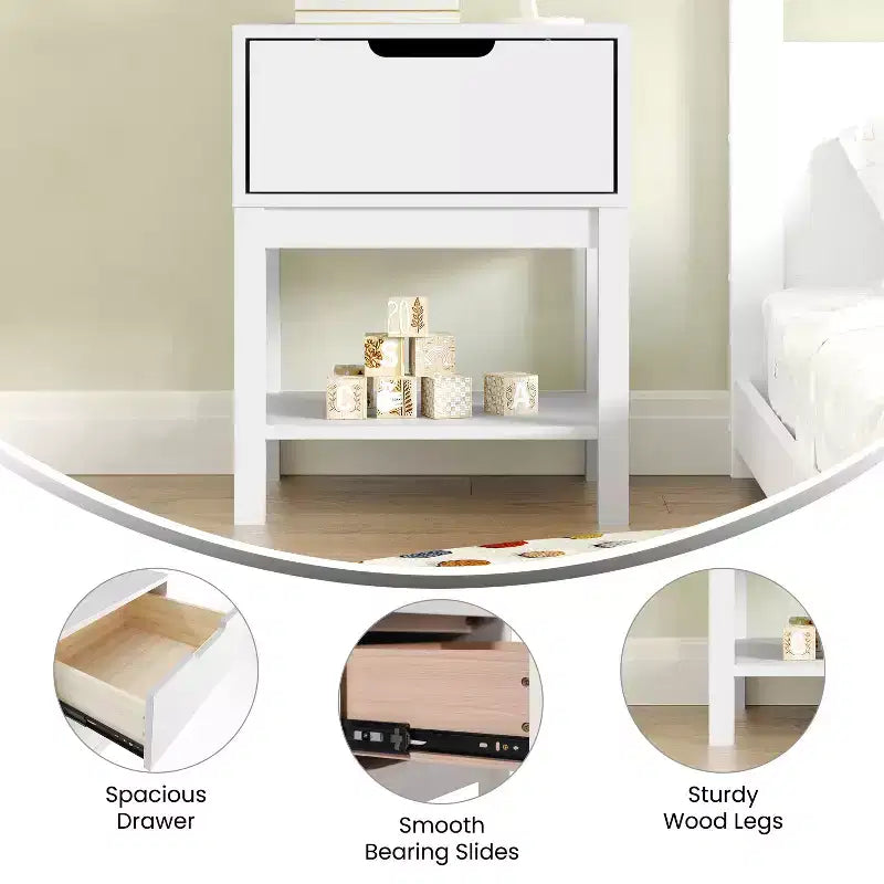 Kids Single-Drawer Night Stand with Solid Wood Frame, Side Table for Kids Bedroom with Open Shelf