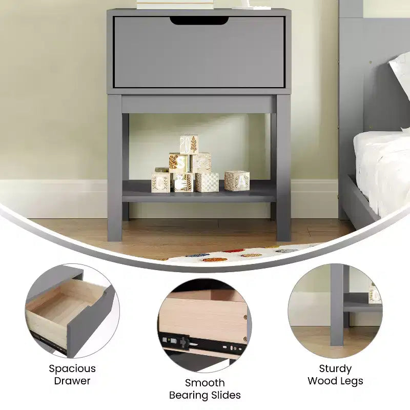 Kids Single-Drawer Night Stand with Solid Wood Frame, Side Table for Kids Bedroom with Open Shelf