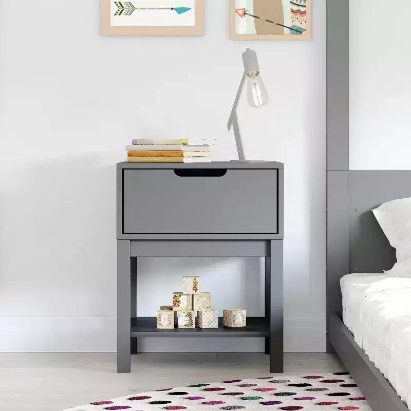 Kids Single-Drawer Night Stand with Solid Wood Frame, Side Table for Kids Bedroom with Open Shelf