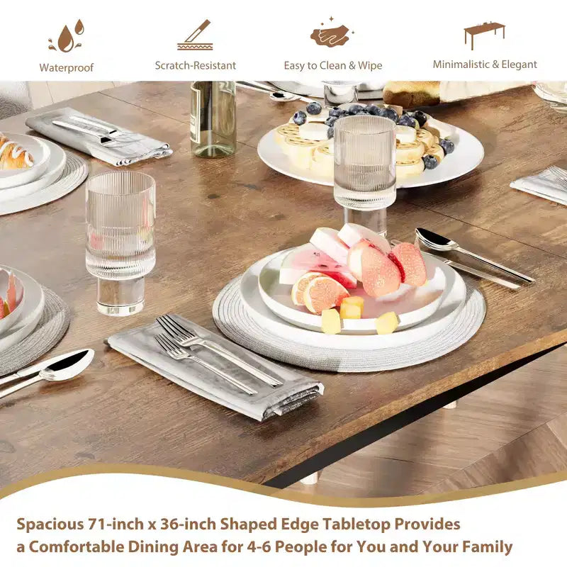 Dining Table for 6-8 People, Rustic Wave Irregular Edge Table with Thick MDF Top & Metal Frame, Waterproof Scratch-Resistant