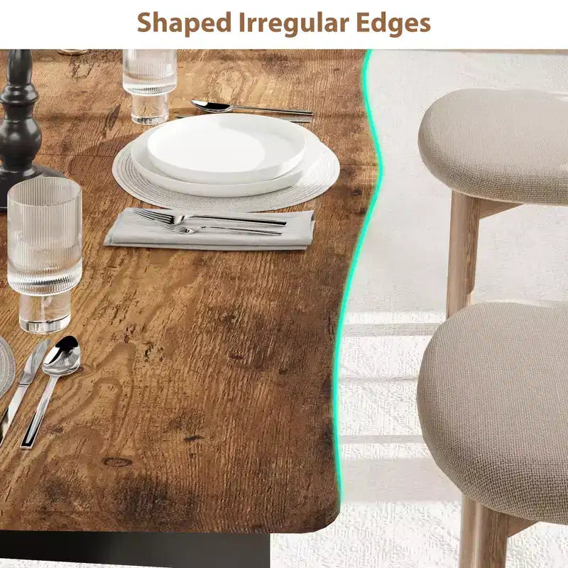 Dining Table for 6-8 People, Rustic Wave Irregular Edge Table with Thick MDF Top & Metal Frame, Waterproof Scratch-Resistant