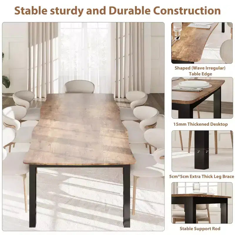 Dining Table for 6-8 People, Rustic Wave Irregular Edge Table with Thick MDF Top & Metal Frame, Waterproof Scratch-Resistant