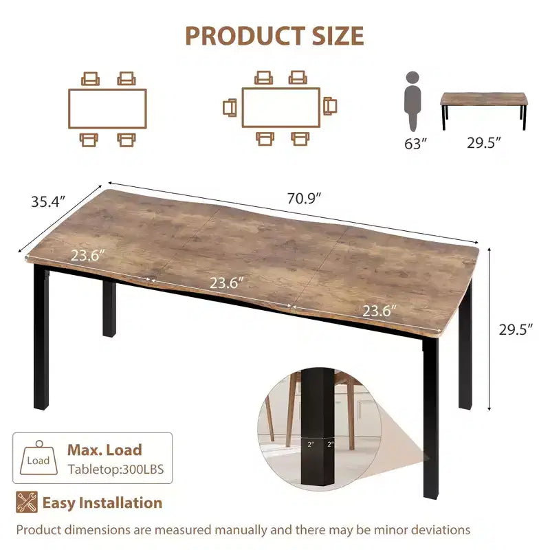 Dining Table for 6-8 People, Rustic Wave Irregular Edge Table with Thick MDF Top & Metal Frame, Waterproof Scratch-Resistant