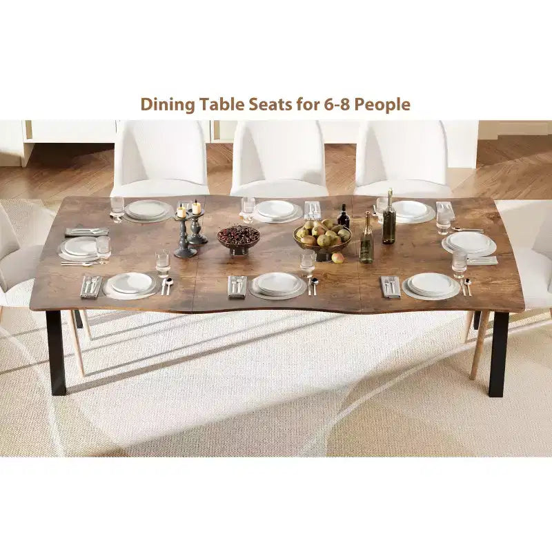 Dining Table for 6-8 People, Rustic Wave Irregular Edge Table with Thick MDF Top & Metal Frame, Waterproof Scratch-Resistant