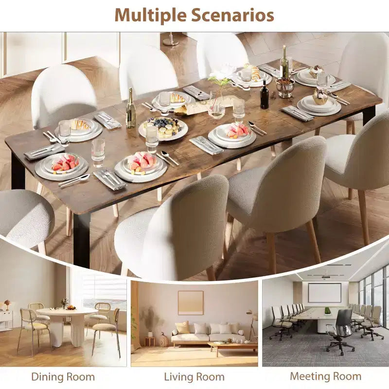 Dining Table for 6-8 People, Rustic Wave Irregular Edge Table with Thick MDF Top & Metal Frame, Waterproof Scratch-Resistant