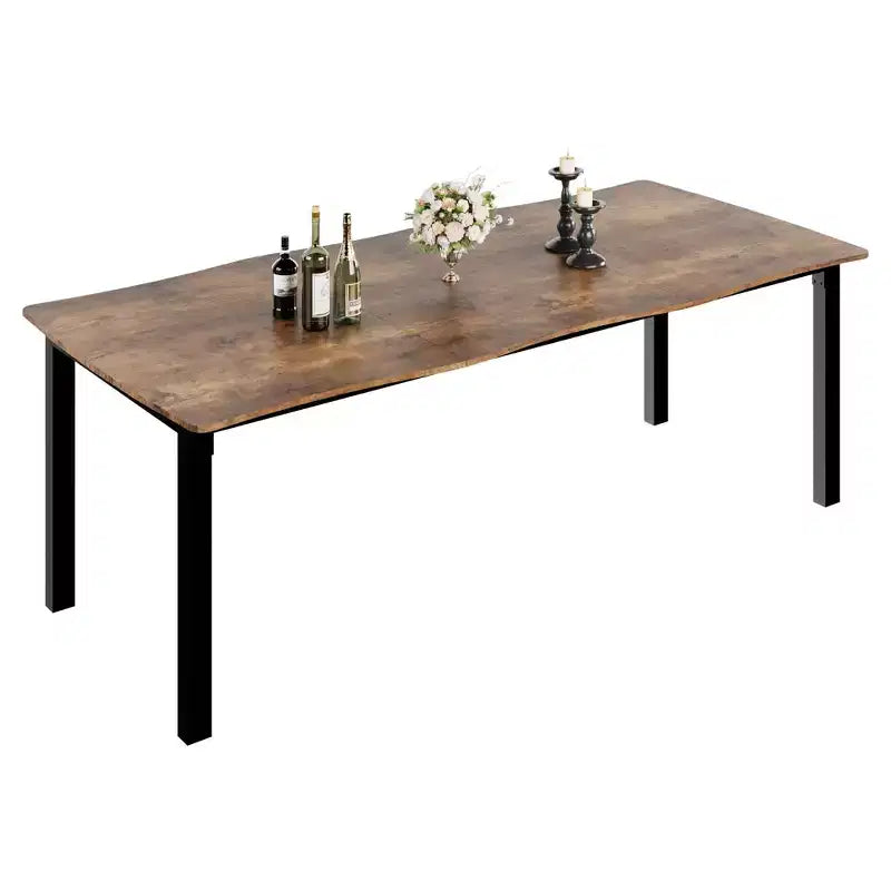 Dining Table for 6-8 People, Rustic Wave Irregular Edge Table with Thick MDF Top & Metal Frame, Waterproof Scratch-Resistant