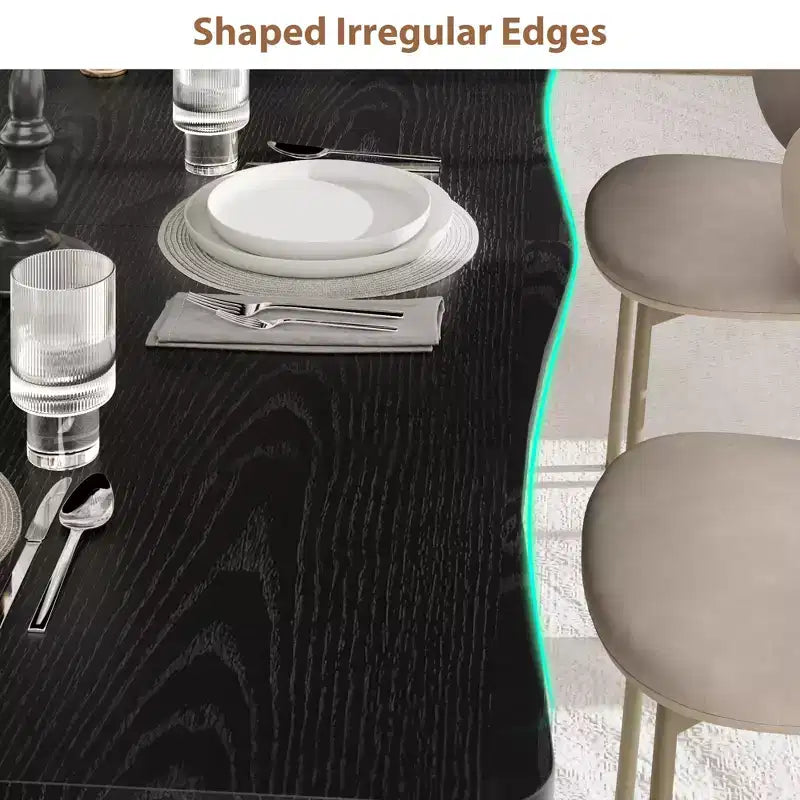 Dining Table for 6-8 People, Rustic Wave Irregular Edge Table with Thick MDF Top & Metal Frame, Waterproof Scratch-Resistant