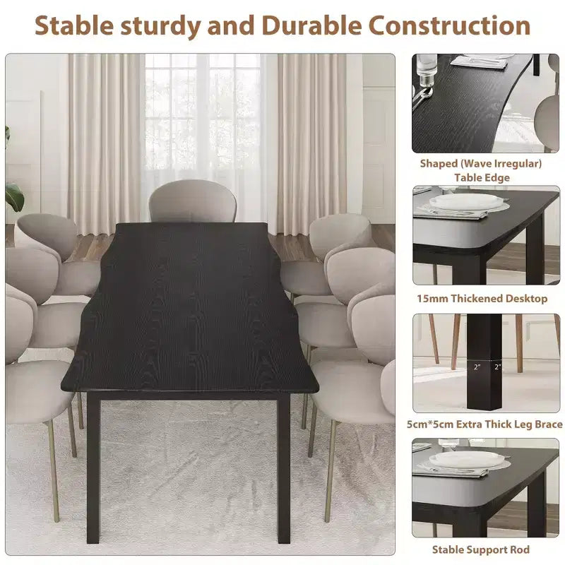 Dining Table for 6-8 People, Rustic Wave Irregular Edge Table with Thick MDF Top & Metal Frame, Waterproof Scratch-Resistant