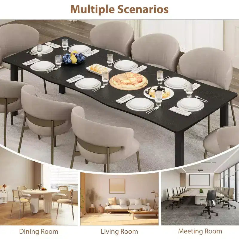 Dining Table for 6-8 People, Rustic Wave Irregular Edge Table with Thick MDF Top & Metal Frame, Waterproof Scratch-Resistant