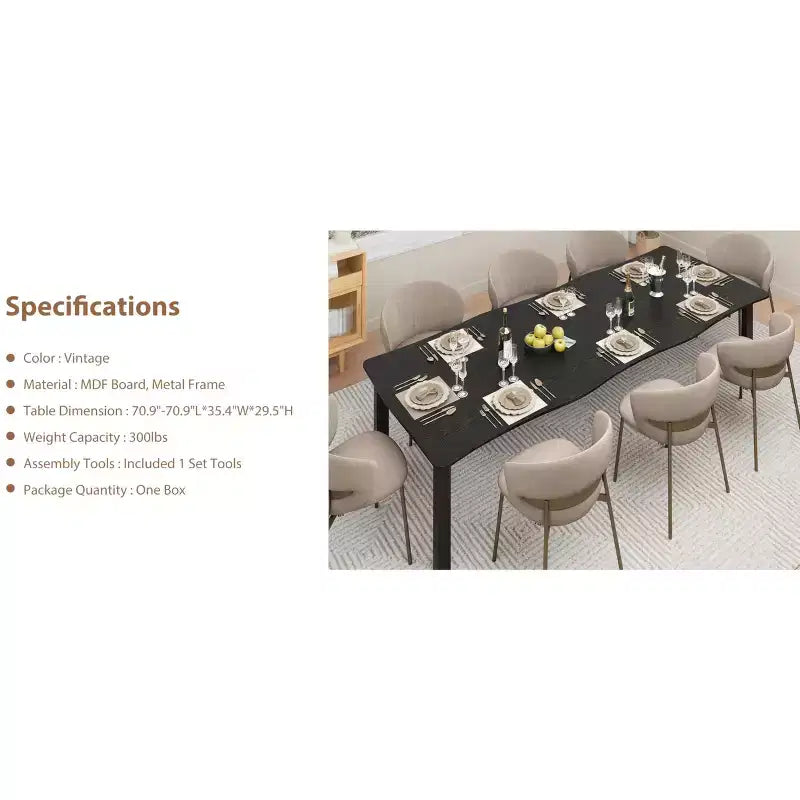 Dining Table for 6-8 People, Rustic Wave Irregular Edge Table with Thick MDF Top & Metal Frame, Waterproof Scratch-Resistant