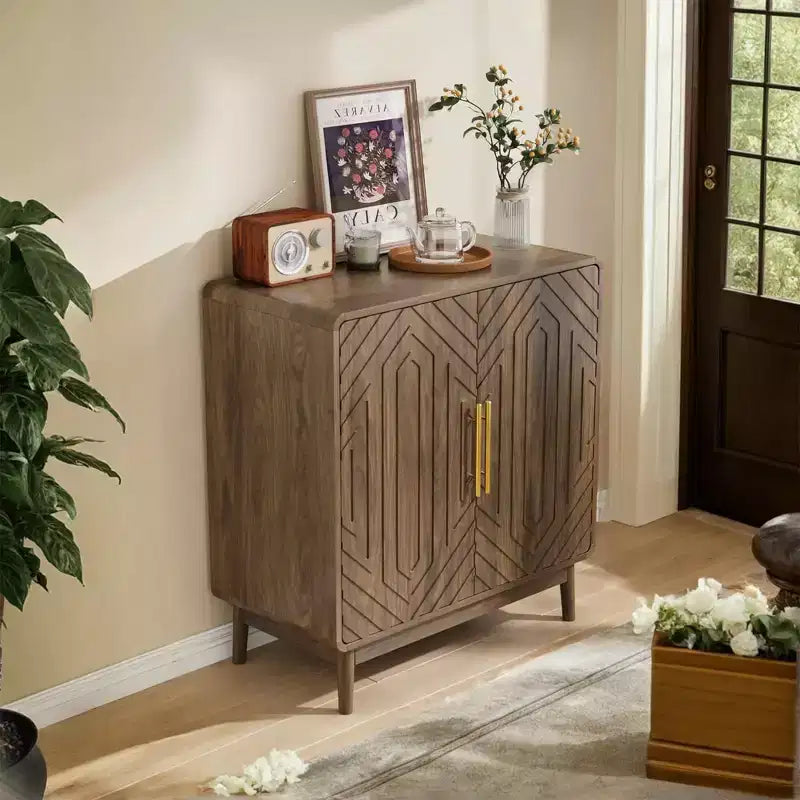 Sideboard Buffet Cabinet with Carved 2 Door, Adjustable Shelf for Living Room Kitchen Dining Room, Walnut