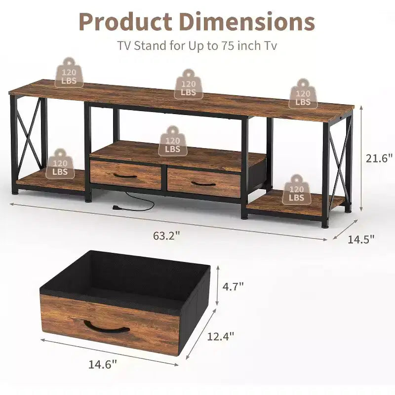 TV Stand with Fabric Drawers, Entertainment Center with Open Storage Shelves, TV Console Table, for Living Room, Bedroom, Office