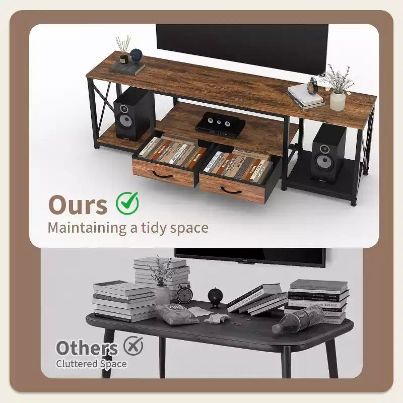TV Stand with Fabric Drawers, Entertainment Center with Open Storage Shelves, TV Console Table, for Living Room, Bedroom, Office