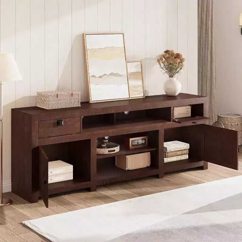 Farmhouse TV Cabinet, Entertainment Center with 2 Drawers, 2 Cabinets, and 2 Open Storage Spaces, for Living Room, Bedroom