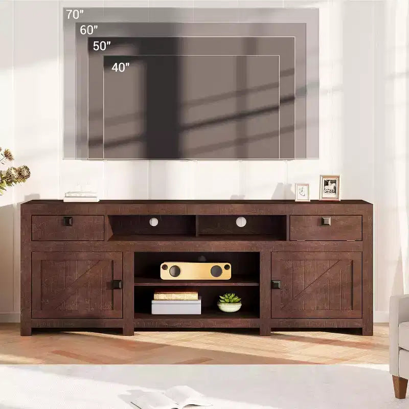 Farmhouse TV Cabinet, Entertainment Center with 2 Drawers, 2 Cabinets, and 2 Open Storage Spaces, for Living Room, Bedroom