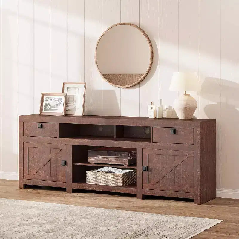 Farmhouse TV Cabinet, Entertainment Center with 2 Drawers, 2 Cabinets, and 2 Open Storage Spaces, for Living Room, Bedroom