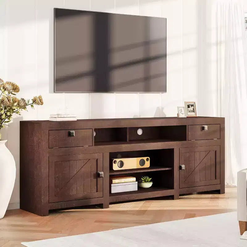 Farmhouse TV Cabinet, Entertainment Center with 2 Drawers, 2 Cabinets, and 2 Open Storage Spaces, for Living Room, Bedroom