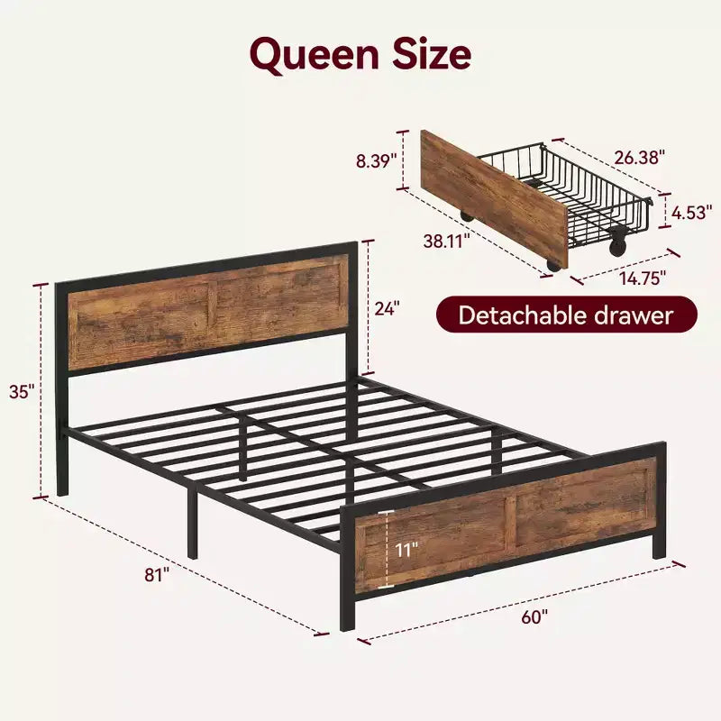 Queen Bed Frame with 4 Storage Drawers, Metal Platform Bed with Wood Headboard & Footboard, No Box Spring Needed, Noise Free