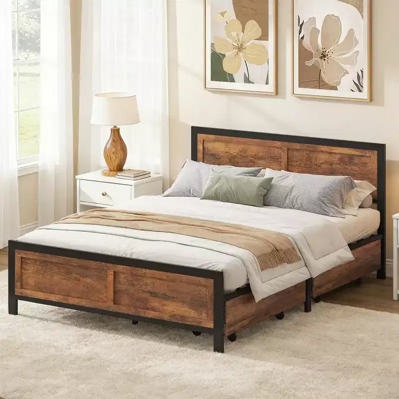 Queen Bed Frame with 4 Storage Drawers, Metal Platform Bed with Wood Headboard & Footboard, No Box Spring Needed, Noise Free