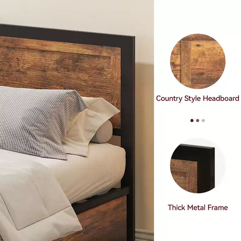 Queen Bed Frame with 4 Storage Drawers, Metal Platform Bed with Wood Headboard & Footboard, No Box Spring Needed, Noise Free