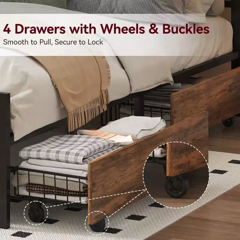 Queen Bed Frame with 4 Storage Drawers, Metal Platform Bed with Wood Headboard & Footboard, No Box Spring Needed, Noise Free