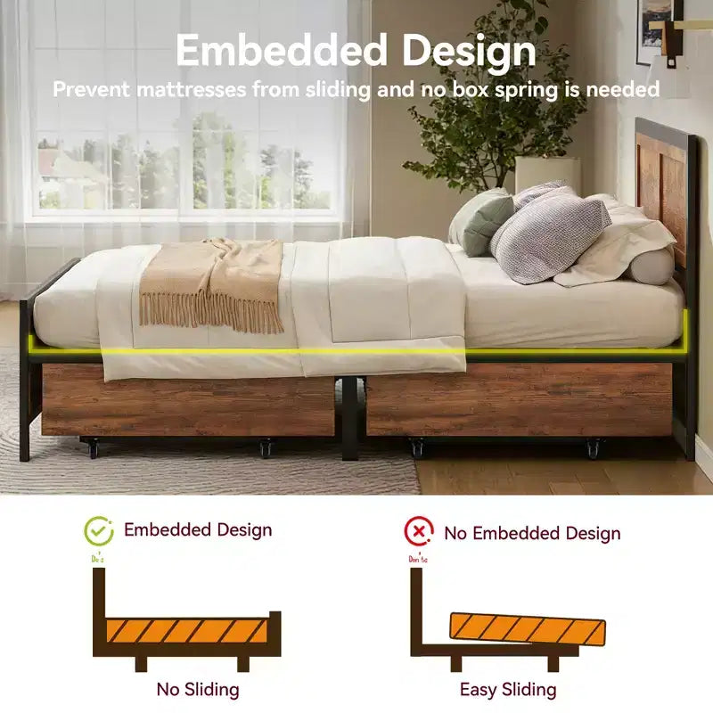 Queen Bed Frame with 4 Storage Drawers, Metal Platform Bed with Wood Headboard & Footboard, No Box Spring Needed, Noise Free