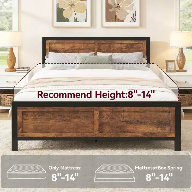 Queen Bed Frame with 4 Storage Drawers, Metal Platform Bed with Wood Headboard & Footboard, No Box Spring Needed, Noise Free