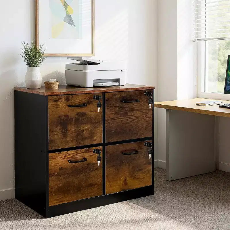 4-Drawer Lockable Wooden File Cabinet, Wooden File Box for Home Office, Vertical Filing Storage Cabinet for A4/Letter Size