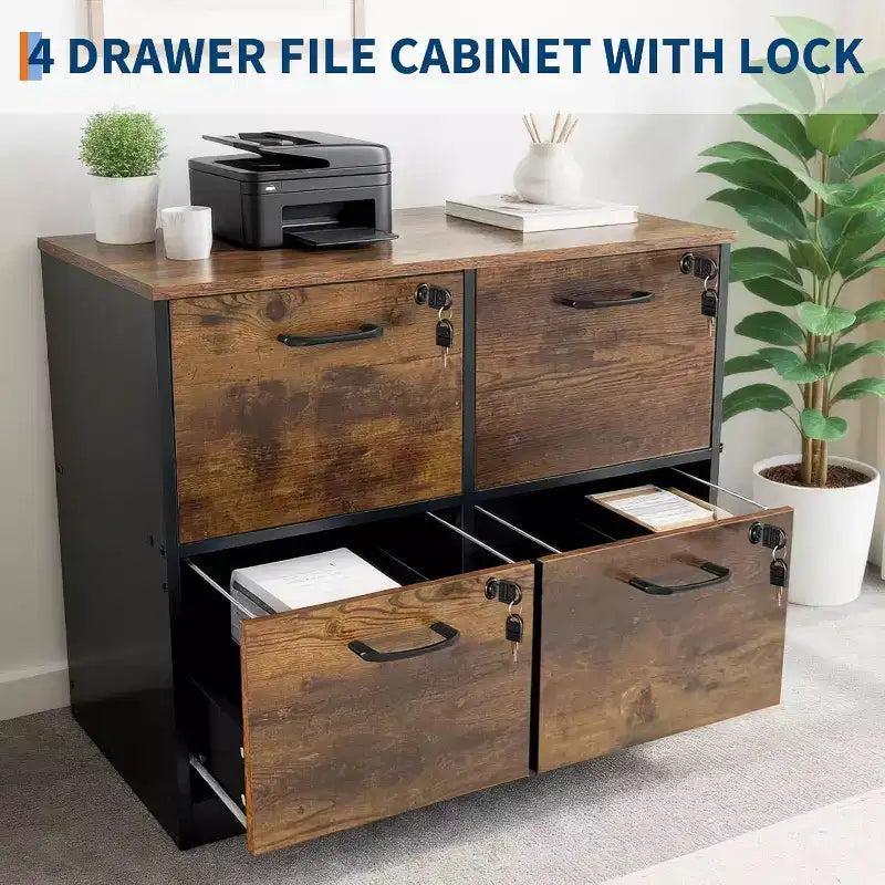4-Drawer Lockable Wooden File Cabinet, Wooden File Box for Home Office, Vertical Filing Storage Cabinet for A4/Letter Size