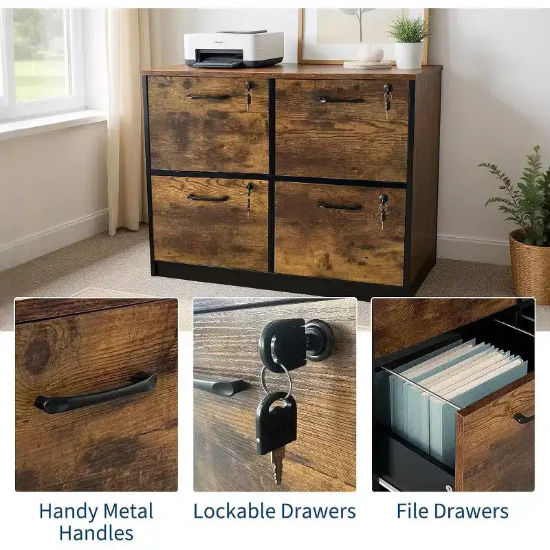 4-Drawer Lockable Wooden File Cabinet, Wooden File Box for Home Office, Vertical Filing Storage Cabinet for A4/Letter Size