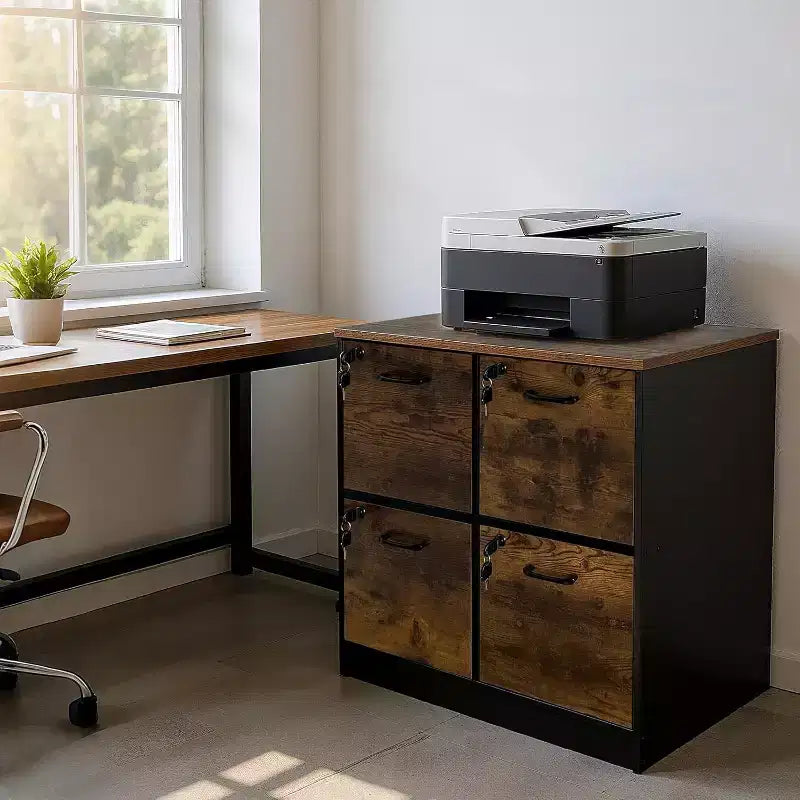 4-Drawer Lockable Wooden File Cabinet, Wooden File Box for Home Office, Vertical Filing Storage Cabinet for A4/Letter Size