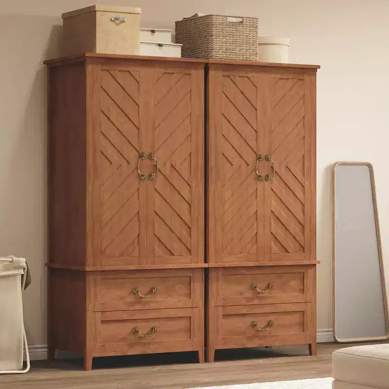 71H Tall Farmhouse Wooden Armoire Closet w/ 2 Doors & Hanging Rod, Freestanding V Shape Wardrobe Storage Cabinet for Clothes, Bedroom, Rustic Brown