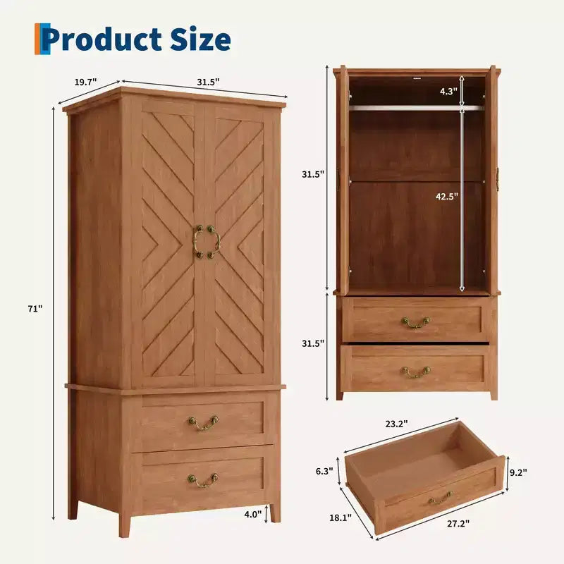 71H Tall Farmhouse Wooden Armoire Closet w/ 2 Doors & Hanging Rod, Freestanding V Shape Wardrobe Storage Cabinet for Clothes, Bedroom, Rustic Brown