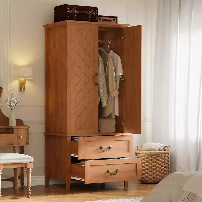 71H Tall Farmhouse Wooden Armoire Closet w/ 2 Doors & Hanging Rod, Freestanding V Shape Wardrobe Storage Cabinet for Clothes, Bedroom, Rustic Brown