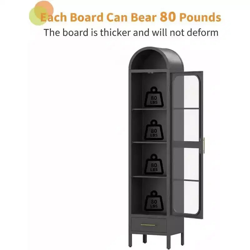 73 in. Tall Narrow Arched Bookcase, Metal Arched Storage Cabinet, Modern Pantry Cabinet for Living Room, Kitchen, Office