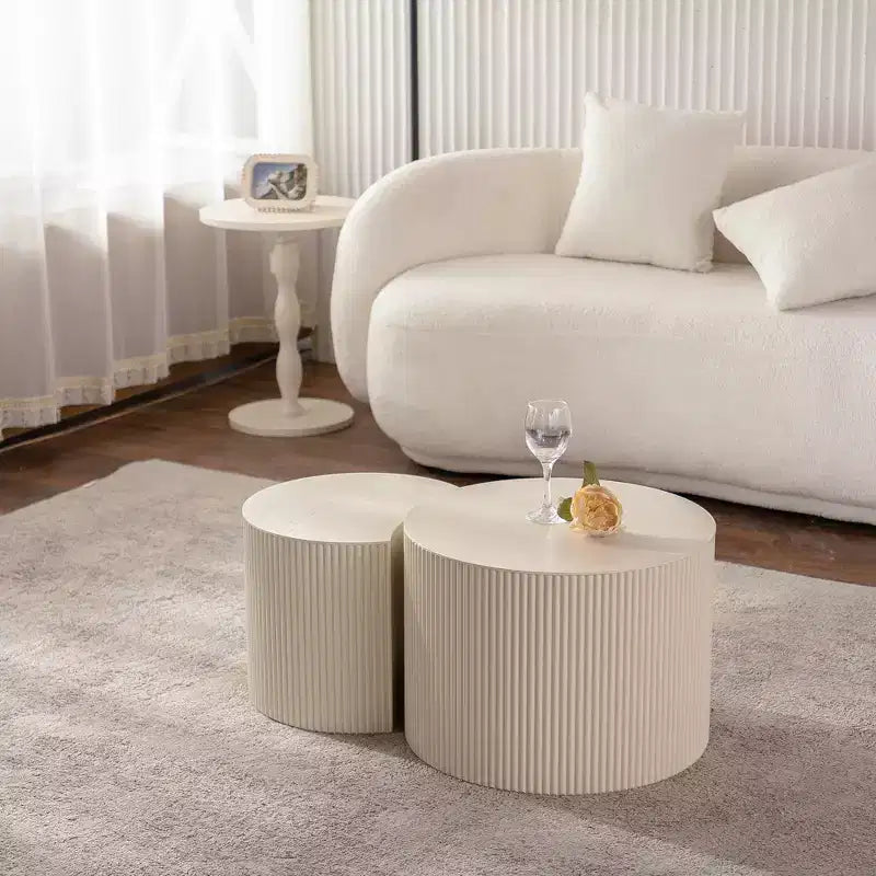Round Wood Coffee Table with Handcrafted Relief Design for Small Spaces, No Assembly Required