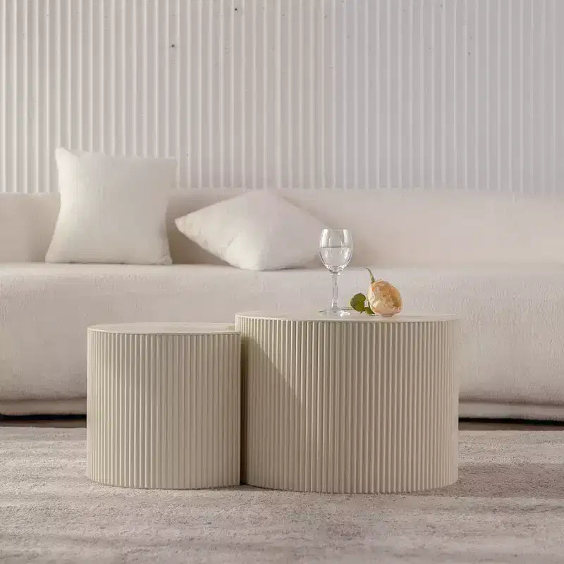 Round Wood Coffee Table with Handcrafted Relief Design for Small Spaces, No Assembly Required